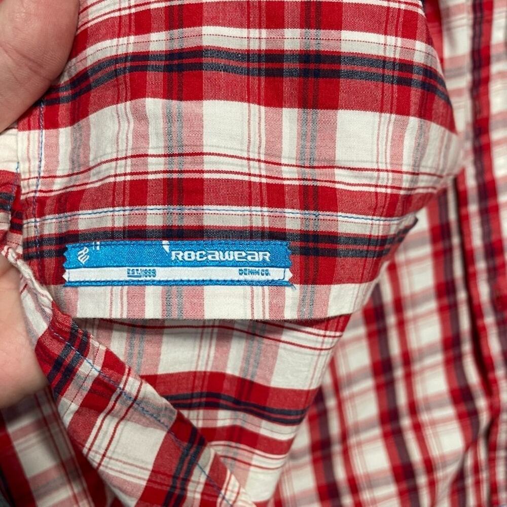 Rocawear Men's Shirt 2XL Red White Plaid Short Sleeve Button Up Checkered Camp - Picture 10 of 14